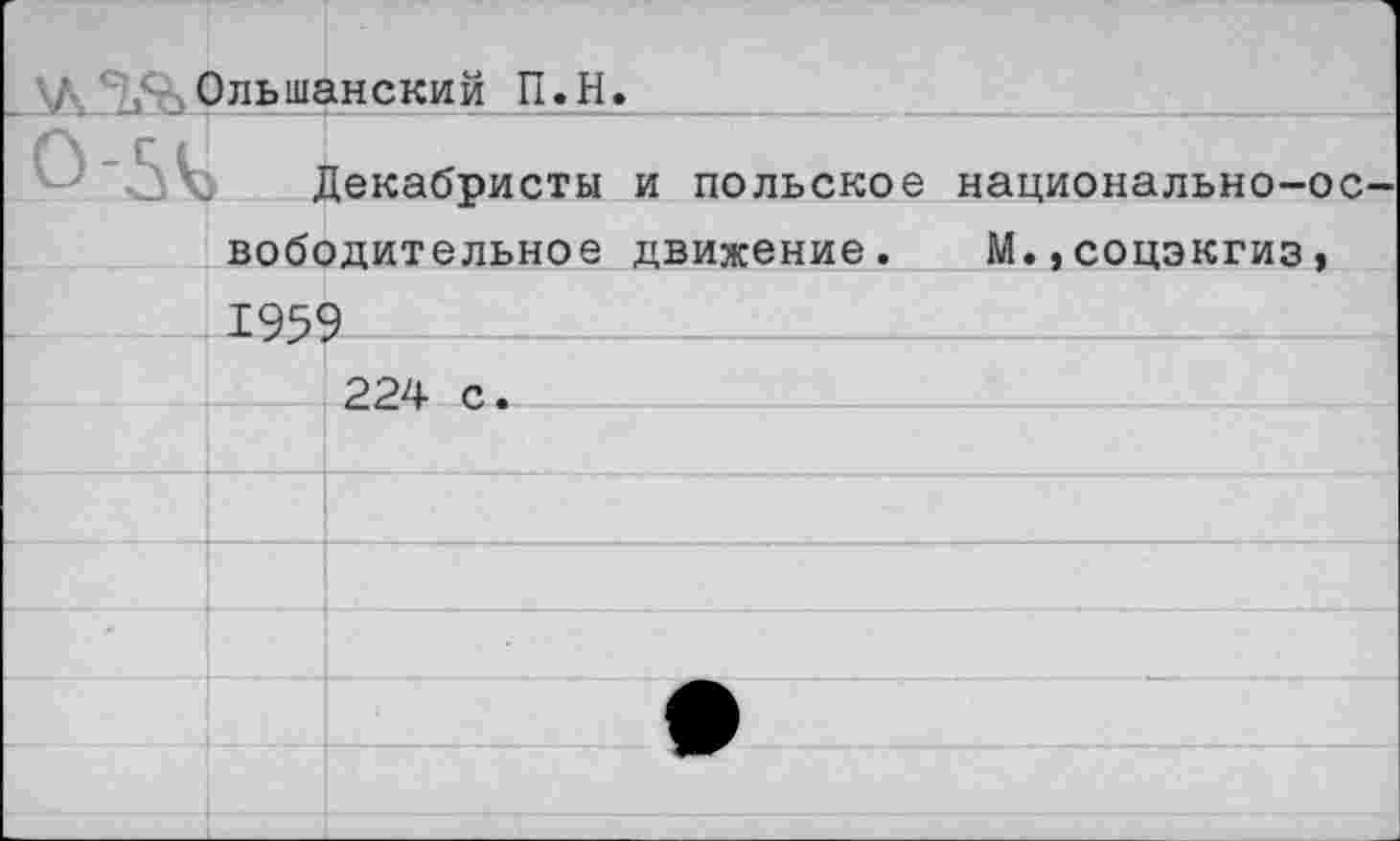 ﻿Ольшанский П.Н.
Декабристы и польское национально-освободительное движение. М.,соцэкгиз» 1959 224 с.